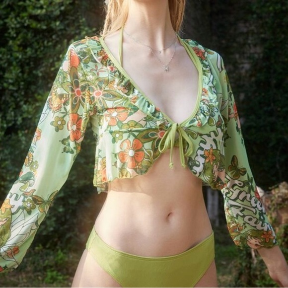 (Sold )ROMWE Green Floral Tie-Front Blouse Size M - Picture 1 of 9
